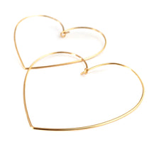 Load image into Gallery viewer, Heart Earrings. 14k Gold Heart Large Hoop Earrings. 2.5 inch Open Hoops by Aziza Jewelry
