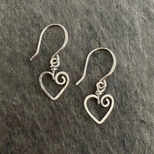 Load image into Gallery viewer, Heart Earrings. Sterling Silver Hammered Heart Small Hoop Dangle Earrings. 925 Silver Open Heart Earrings. 1 inch long. Aziza Jewelry