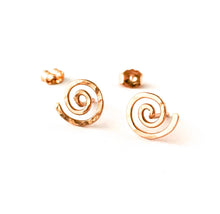 Load image into Gallery viewer, Rose Gold Earrings. 14k Rose Gold Hand Hammered Spiral Studs. Swirly Sun Stud Post Earrings. Small Girl Studs.