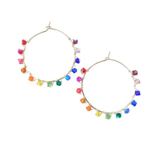 Load image into Gallery viewer, Rainbow Hoop Earrings. Sterling Silver 1.25 inch Swarovski Crystal Rainbow Hoops. Hand Hammered Shiny Large Sterling Silver Hoops