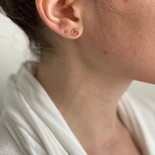 Load image into Gallery viewer, Rose Gold Earrings. 14k Rose Gold Hand Hammered Spiral Studs. Swirly Sun Stud Post Earrings. Small Girl Studs.