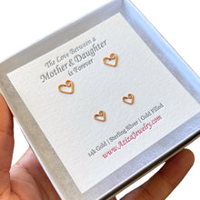 Load image into Gallery viewer, Rose Gold Heart Studs Set for Mother Daughter. 2 Pairs 14k Rose Gold Heart Studs Set. Mother Daughter Rose Gold Heart Earrings. Push Present