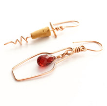 Load image into Gallery viewer, Red Wine and Cork Wine Lovers Earrings. Wine Gift. Rosé Red Wine Garnet Gemstone Wine Bottle and Cork Screw Earrings Rose Gold. Wine Jewelry