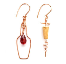Load image into Gallery viewer, Red Wine and Cork Wine Lovers Earrings. Wine Gift. Rosé Red Wine Garnet Gemstone Wine Bottle and Cork Screw Earrings Rose Gold. Wine Jewelry