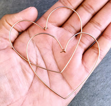 Load image into Gallery viewer, Heart Earrings. 14k Gold Heart Large Hoop Earrings. 2.5 inch Open Hoops by Aziza Jewelry
