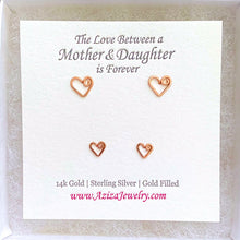 Load image into Gallery viewer, Rose Gold Heart Studs Set for Mother Daughter. 2 Pairs 14k Rose Gold Heart Studs Set. Mother Daughter Rose Gold Heart Earrings. Push Present