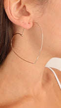 Load image into Gallery viewer, Heart Earrings. 14k Gold Heart Large Hoop Earrings. 2.5 inch Open Hoops by Aziza Jewelry