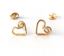 Load image into Gallery viewer, Gold Heart Stud Earrings. 14k Gold Swirly Heart Studs. Spiral Heart Stud Post Earrings. 14k gold filled hearts. AzizaJewelry