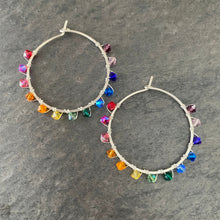 Load image into Gallery viewer, Rainbow Hoop Earrings. Sterling Silver 1.25 inch Swarovski Crystal Rainbow Hoops. Hand Hammered Shiny Large Sterling Silver Hoops