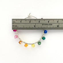 Load image into Gallery viewer, Rainbow Hoop Earrings. Sterling Silver 1.25 inch Swarovski Crystal Rainbow Hoops. Hand Hammered Shiny Large Sterling Silver Hoops