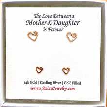 Load image into Gallery viewer, Mother Daughter Gold Earrings. 2 Pairs 14k Gold Heart Studs Set in Medium, Small. Push Present. Valentines Day
