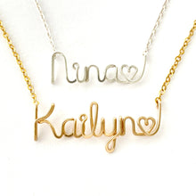 Load image into Gallery viewer, Name Necklace with Heart. Custom Script Necklace. Gold or Silver Wire Necklace with small Heart. Personalized Jewelry.
