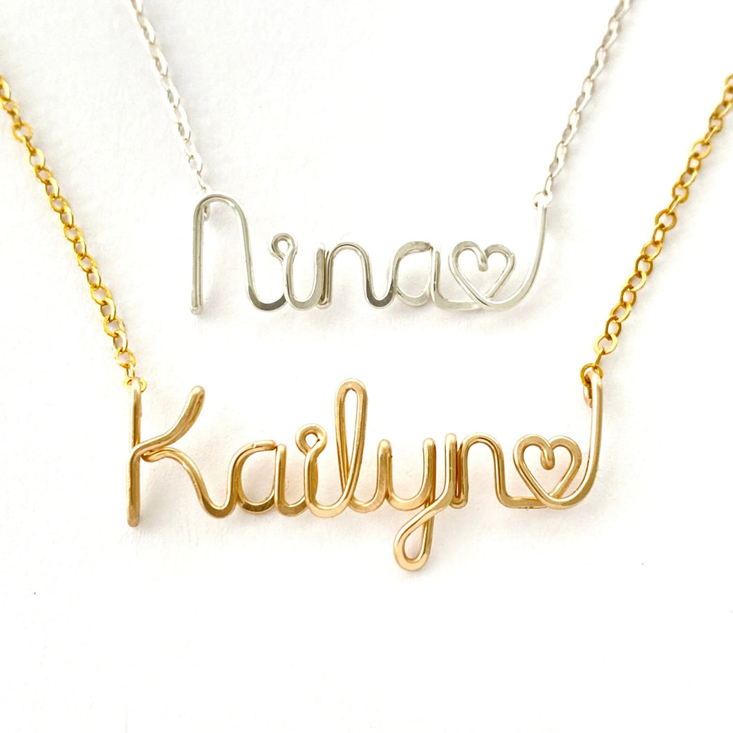 Name Necklace with Heart. Custom Script Necklace. Gold or Silver Wire Necklace with small Heart. Personalized Jewelry.