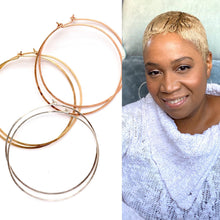 Load image into Gallery viewer, Large Hoop Earrings. Round Hoop Earrings. Rose Gold Hand Hammered Shiny Large Hoops. 2 inch Silver or Gold Hoops.
