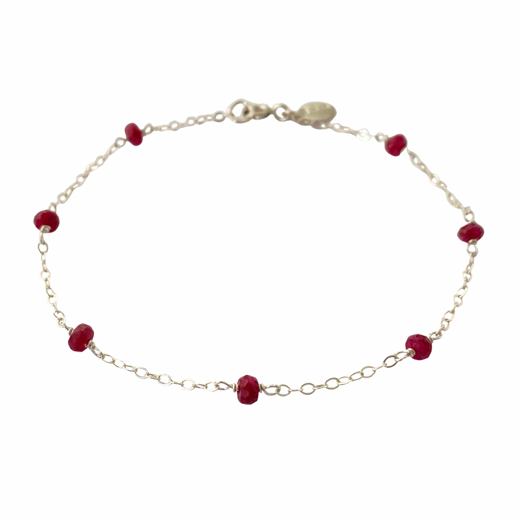 Red Ruby Gemstone Chain Bracelet. Delicate faceted genuine gemstone sterling silver bracelet