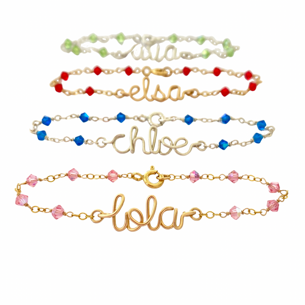 Child Name Bracelet. Lowercase Custom Crystal Bracelet. Aziza Jewelry