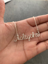 Load image into Gallery viewer, Name Necklace with Heart. Custom Script Necklace. Gold or Silver Wire Necklace with small Heart. Personalized Jewelry.
