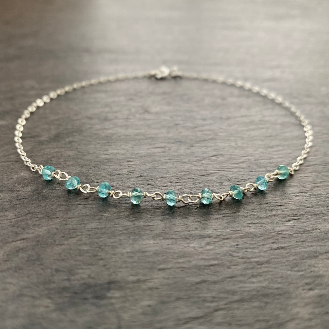 Aquamarine Anklet. Sterling Silver Genuine Blue Gemstones Ankle Bracelet.