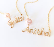 Load image into Gallery viewer, Gold Name Necklace with Off White Freshwater Pearl. Personalized Custom Off Round Pearl Name Necklace
