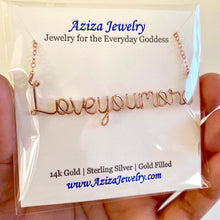 Load image into Gallery viewer, Love you more necklace. Rose Gold Love Necklace. 14k Gold Filled Wire Love Necklace. Valentines Day Necklace
