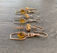 Load image into Gallery viewer, Wine Earrings. 14k Gold Champagne Bottle and Cork Screw Earrings with Genuine Citrine. White Wine Gift. Cocktail Jewelry
