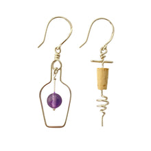 Load image into Gallery viewer, Wine Earrings. Wine Jewelry. Sterling Silver Grape and Cork Screw Earrings. Wine Lovers Earrings with Purple Amethyst Real Cork.
