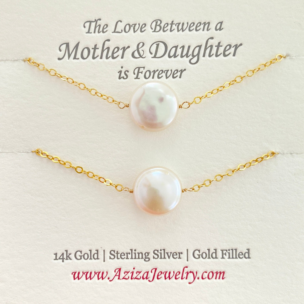 Mother Daughter Pearl Necklaces. Gold Mommy Necklace and Heart Necklace Set. Sterling Silver or Gold
