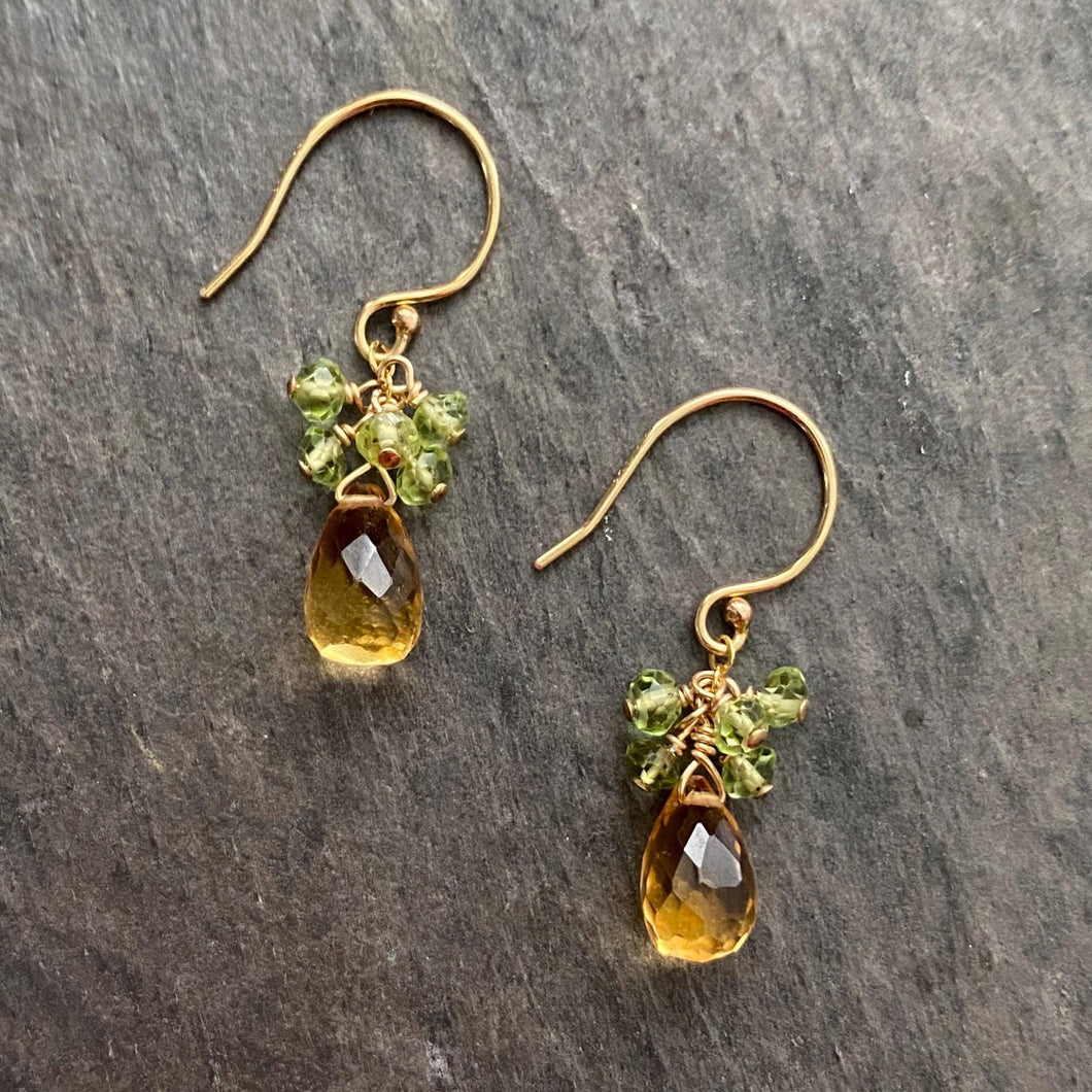 Citrine and Peridot Earrings. Genuine Citrine Gemstone Earrings. Yellow and green sterling silver or 14k gold filled. 1.25 inches