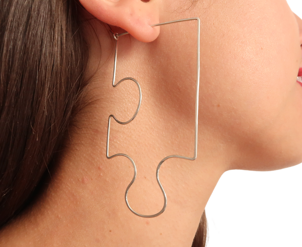 Large Puzzle Hoop Earrings. Sterling Silver or 14k Gold 3 inch Puzzle Piece Hoops