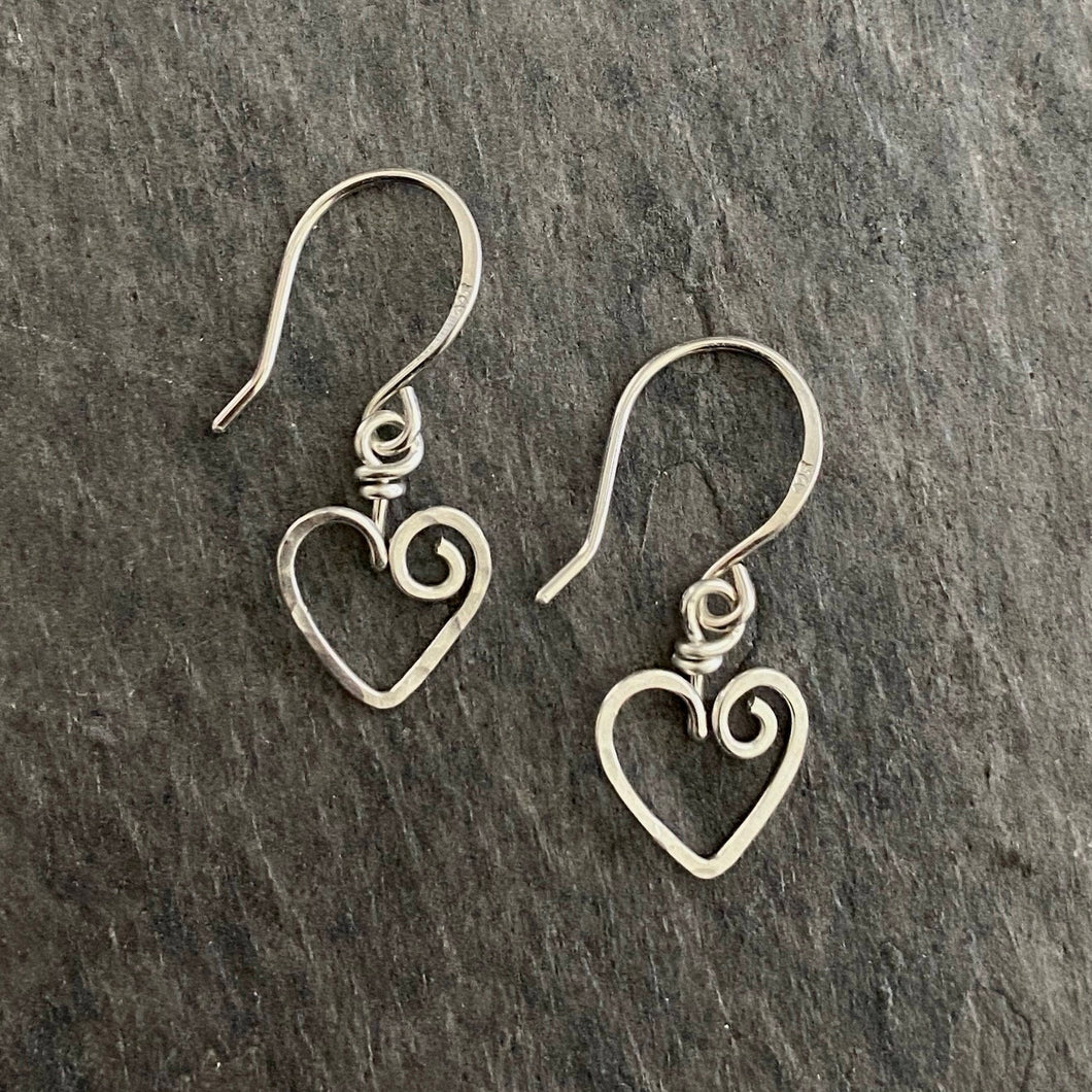 Heart Earrings. Sterling Silver Hammered Heart Small Hoop Dangle Earrings. 925 Silver Open Heart Earrings. 1 inch long. Aziza Jewelry