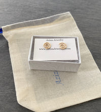 Load image into Gallery viewer, Gold Spiral Stud Earrings. Swirl Stud Post Earrings. 14k Gold Round Flat Hammered Stud Earrings. Yellow Gold Studs. Aziza Jewelry
