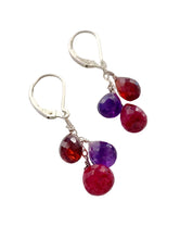 Load image into Gallery viewer, Gemstone Earrings. Ruby garnet amethyst cascading Sterling Silver Lever back earrings.
