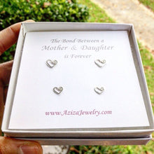 Load image into Gallery viewer, Mother Daughter Heart Earrings Gift Set. 2 Pair Sterling Silver Heart Studs Set. Cute Valentines Day Mothers Day Earrings. Push Present.
