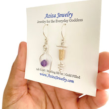 Load image into Gallery viewer, Wine Earrings. Wine Jewelry. Sterling Silver Grape and Cork Screw Earrings. Wine Lovers Earrings with Purple Amethyst Real Cork.
