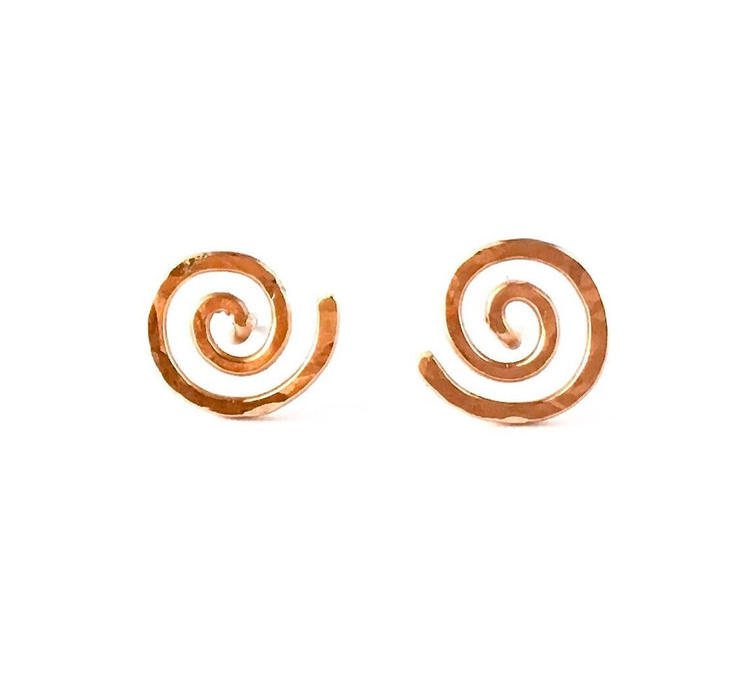 Rose Gold Earrings. 14k Rose Gold Hand Hammered Spiral Studs. Swirly Sun Stud Post Earrings. Small Girl Studs.
