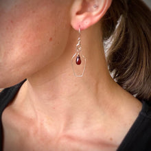 Load image into Gallery viewer, Wine Earrings. Red Wine Bottle Cork Screw Earrings. Red Garnet Wine Lovers 14k Gold Earrings. Wine Gift. Wine Present
