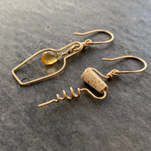Load image into Gallery viewer, Wine Earrings. 14k Gold Champagne Bottle and Cork Screw Earrings with Genuine Citrine. White Wine Gift. Cocktail Jewelry

