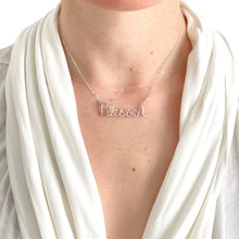 Load image into Gallery viewer, Blessed Necklace. Custom Gold or Silver Blessed Script Necklace. Wire Blessed Necklace. Spiritual Jewelry. Spiritual Religious Necklace.
