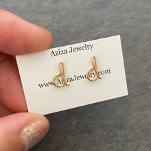 Load image into Gallery viewer, Gold Initial Earrings. 14k gold filled Small Dainty lowercase script earrings. Gold Letter Wire Studs. Aziza Jewelry
