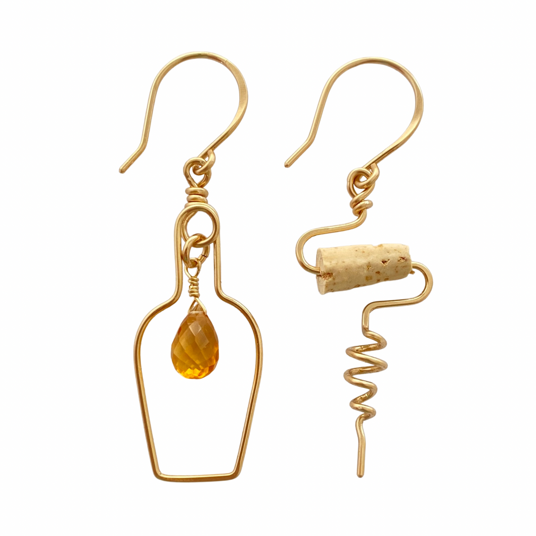 Wine Jewelry. Champagne Lovers Earrings. 14k Gold Champagne Bottle and Cork Screw Earrings with Genuine Citrine.