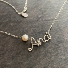 Load image into Gallery viewer, Pearl Name Necklace. Sterling Silver Name Necklace with Off White or Light Pink Freshwater Pearl. Custom Name Necklace w Large Real Pearl
