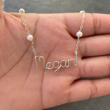 Load image into Gallery viewer, Chain and Small Pearl Name Necklace. Off White Freshwater Pearl Necklace in Sterling Silver. Beaded Pearl Necklace by Aziza Jewelry
