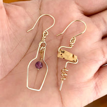 Load image into Gallery viewer, Wine Earrings. 14k Gold Grape and Cork Screw Wine Earrings. Wine Lovers Earrings with Real Amethyst Gemstone and Cork. Cocktail Earrings
