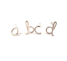 Load image into Gallery viewer, Initial Earrings. Small Sterling Silver Lowercase letter stud alphabet post earrings. Dainty Script Initial Stud Earrings. Girl Gift
