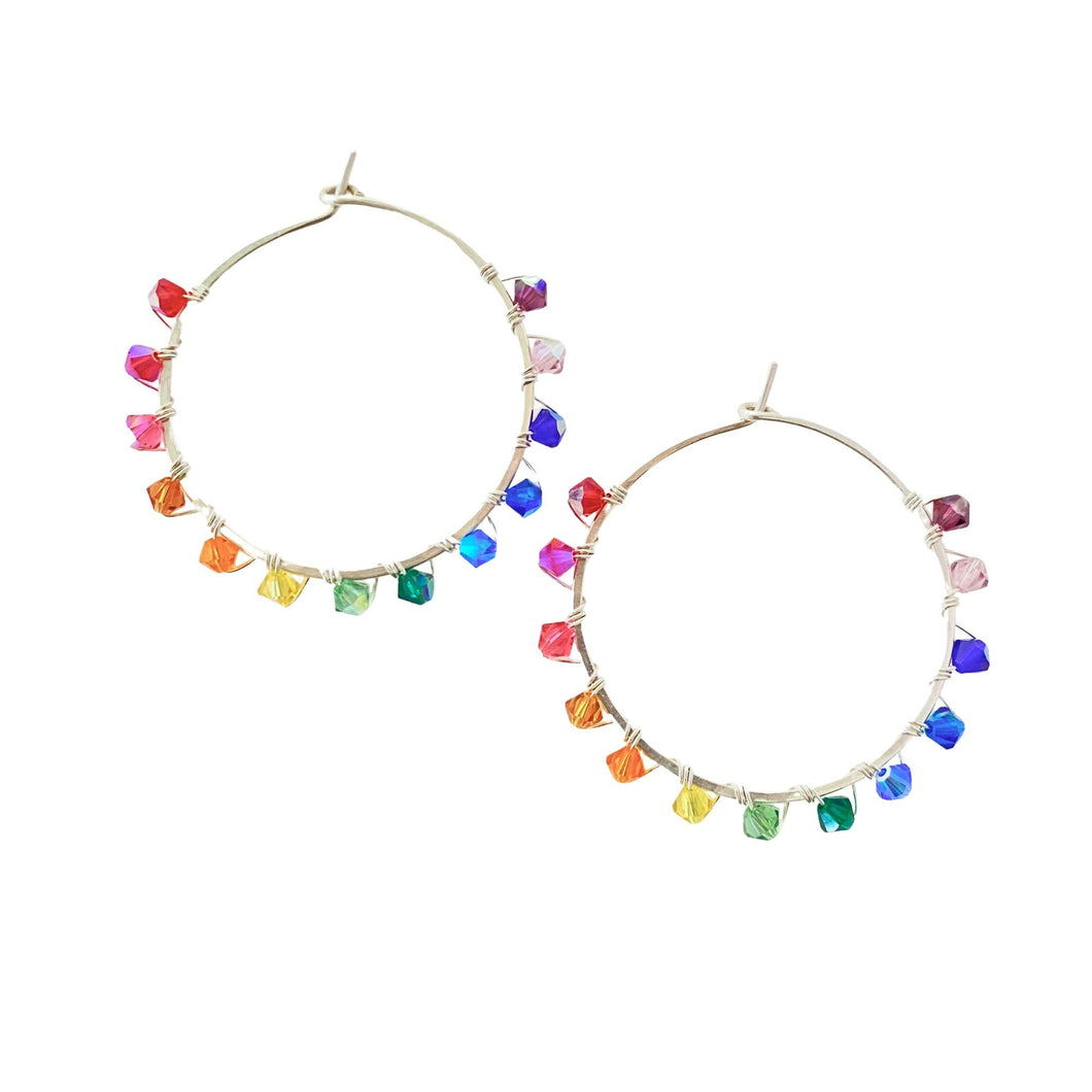 Rainbow Hoop Earrings. Sterling Silver 1.25 inch Swarovski Crystal Rainbow Hoops. Hand Hammered Shiny Large Sterling Silver Hoops