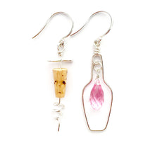 Load image into Gallery viewer, Cocktail Earrings. Sterling Silver Pink Rosé Wine Bottle and Cork Screw Earrings. Pink Crystal Earrings. Wine Lovers Jewelry. Wine Gift.
