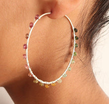 Load image into Gallery viewer, Watermelon Tourmaline Hoop Earrings - Large Sterling Silver Multi Color Gemstone Hoops. 2.5 inch diameter
