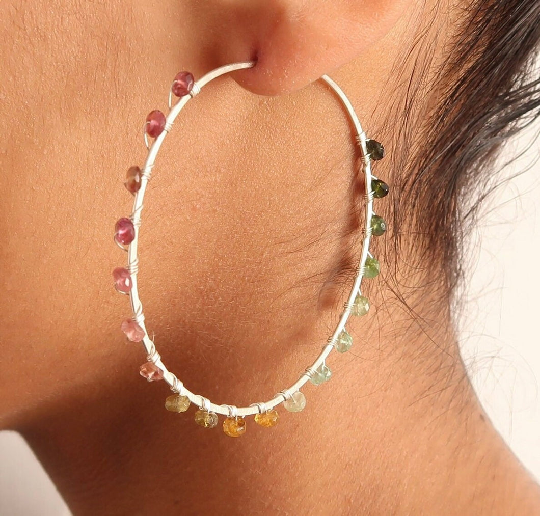 Watermelon Tourmaline Hoop Earrings - Large Sterling Silver Multi Color Gemstone Hoops. 2.5 inch diameter