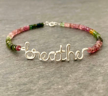 Load image into Gallery viewer, Silver breathe Bracelet with birthstones. Sterling Silver breathe bracelet with Genuine Watermelon Tourmaline Gemstones. Aziza Jewelry
