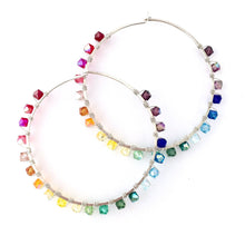 Load image into Gallery viewer, Rainbow Hoop Earrings. 2.5 inch Sterling Silver Swarovski Crystal Rainbow Hoops. Hand Hammered Shiny Large Sterling Silver Hoops

